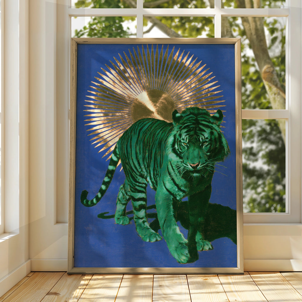 Green Tiger Gold Sun Poster, Bold Animal Wall Art, Blue Maximalist Print