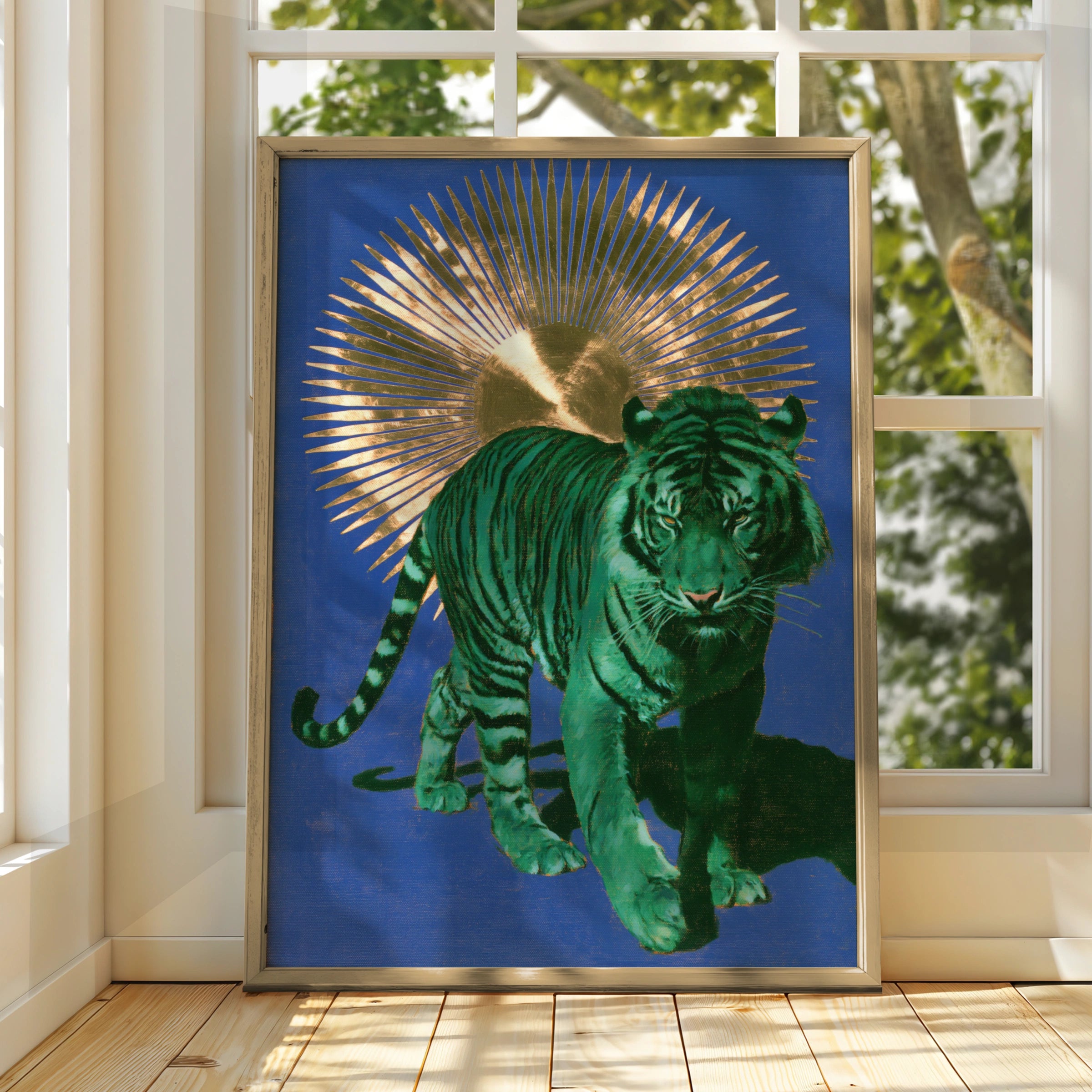 Green Tiger Gold Sun Poster, Bold Animal Wall Art, Blue Maximalist Print