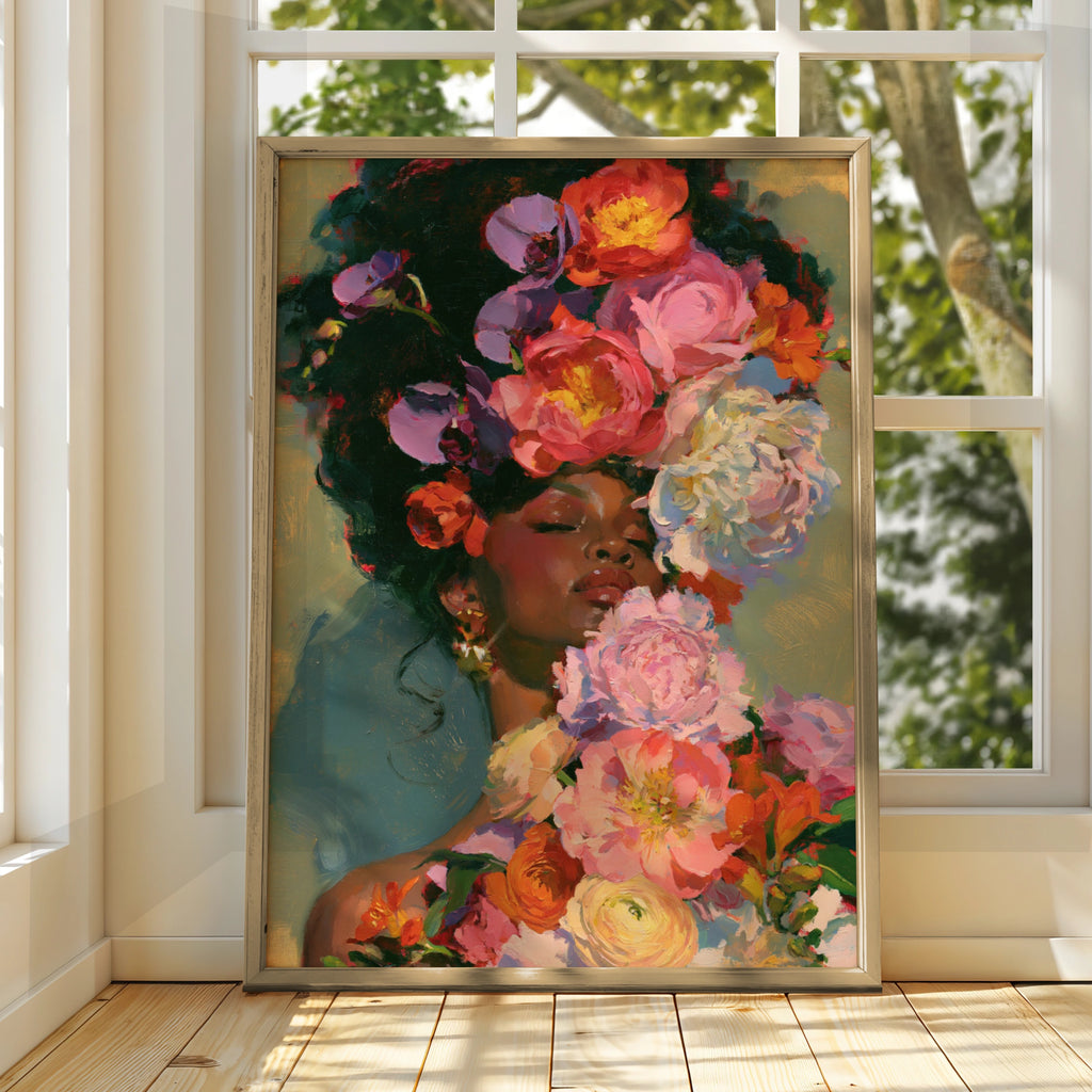 Woman with Flowers Wall Art Poster, Floral Portrait Print, Oil Painting Style