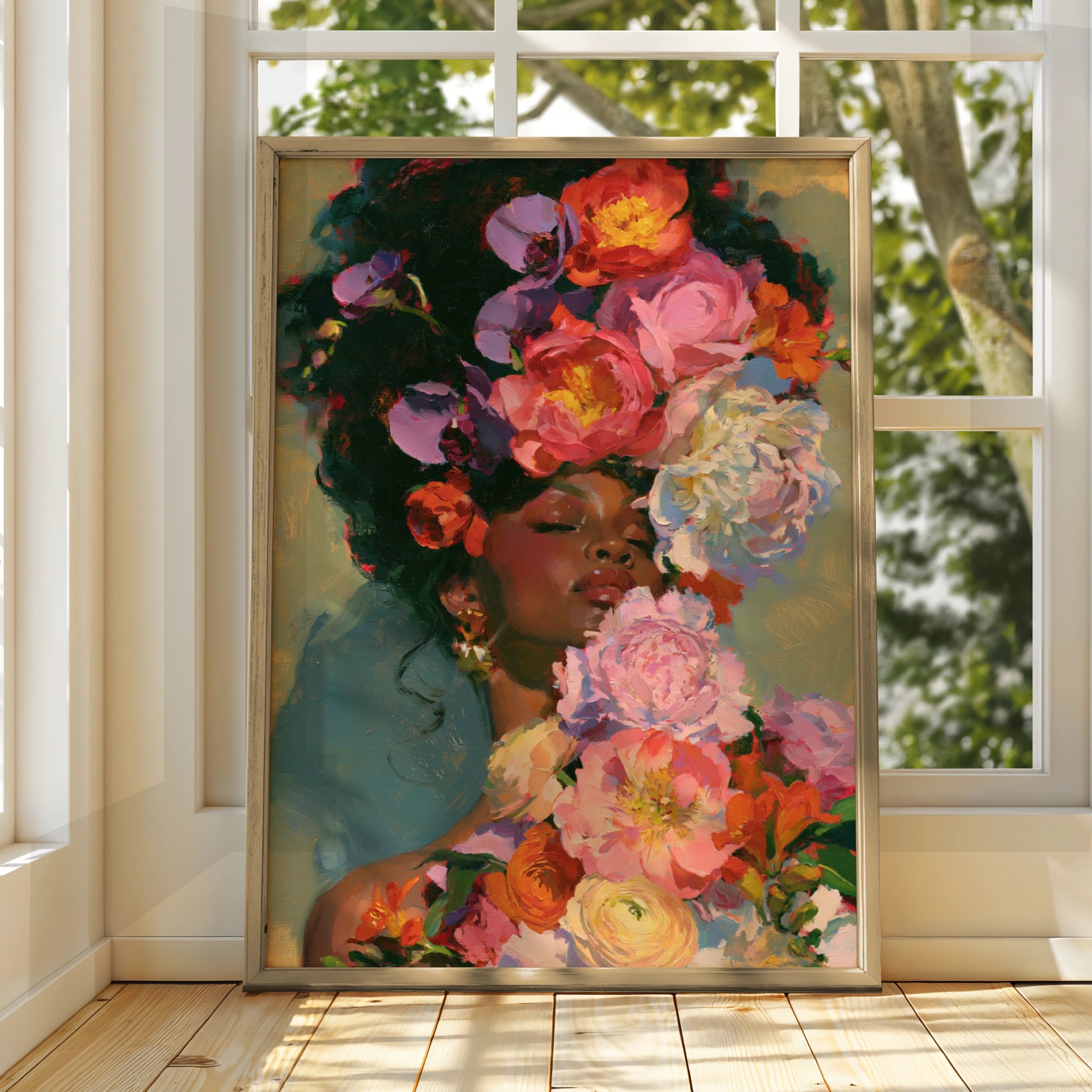 Woman with Flowers Wall Art Poster, Floral Portrait Print, Oil Painting Style