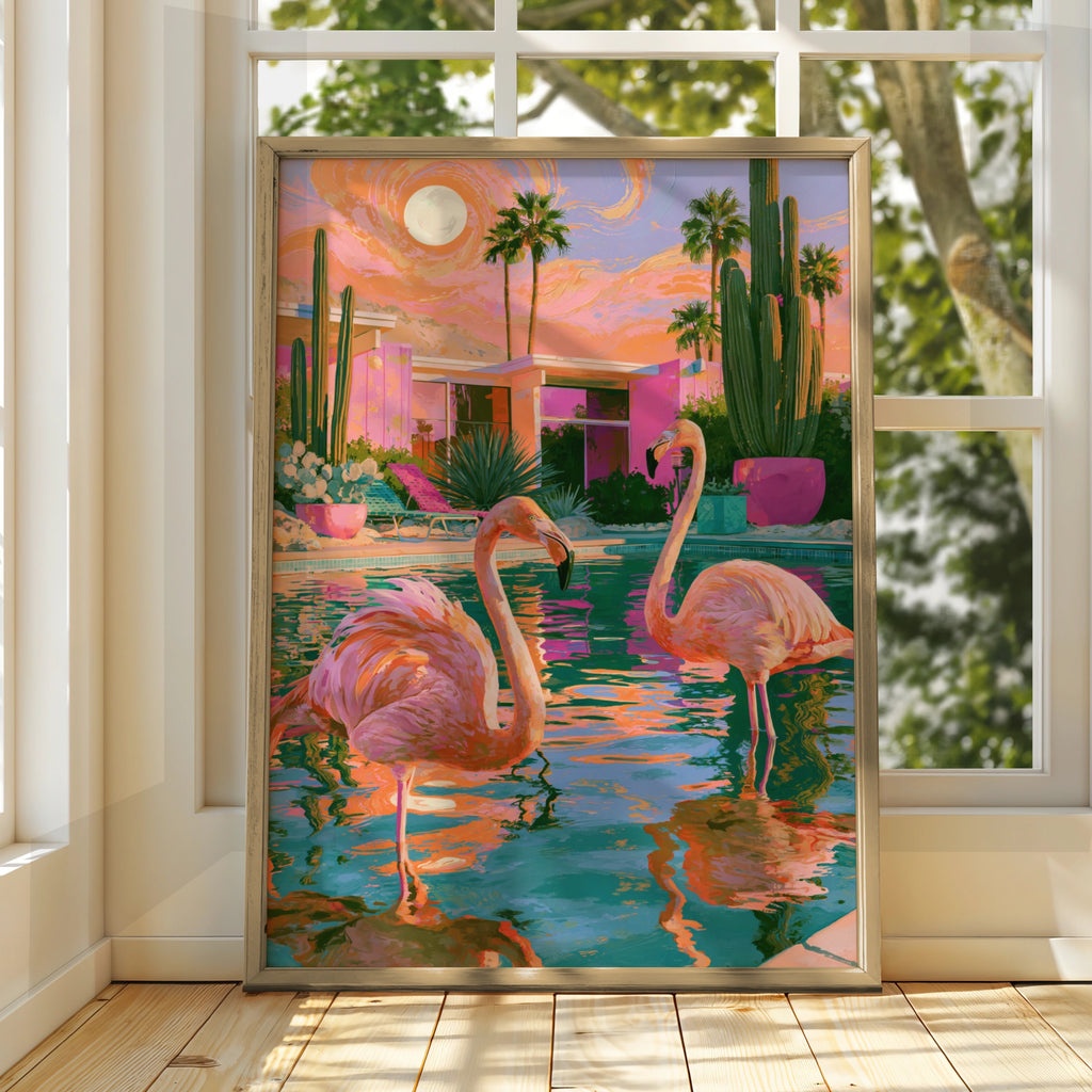 Flamingos Pool Palm Trees Cactus Poster, Mid-Century Desert Art Print