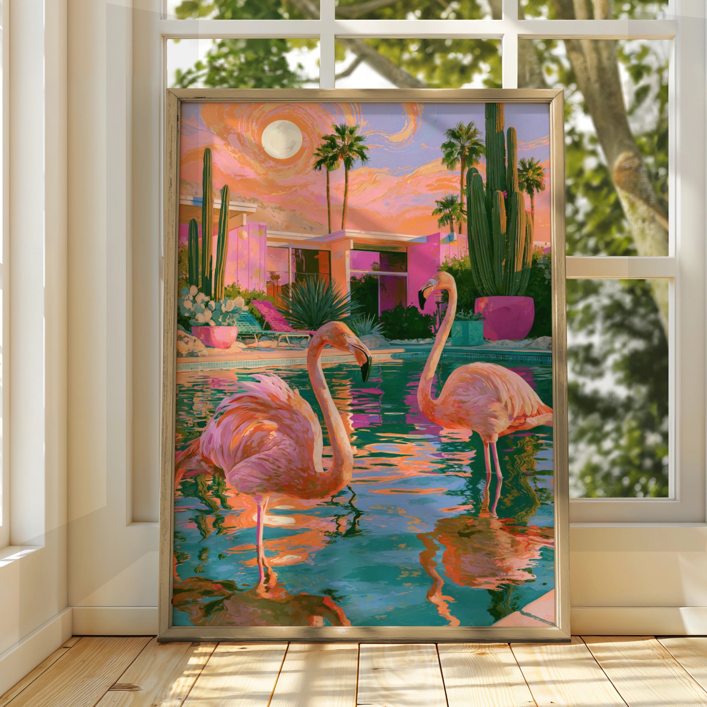 Flamingos Pool Palm Trees Cactus Poster, Mid-Century Desert Art Print