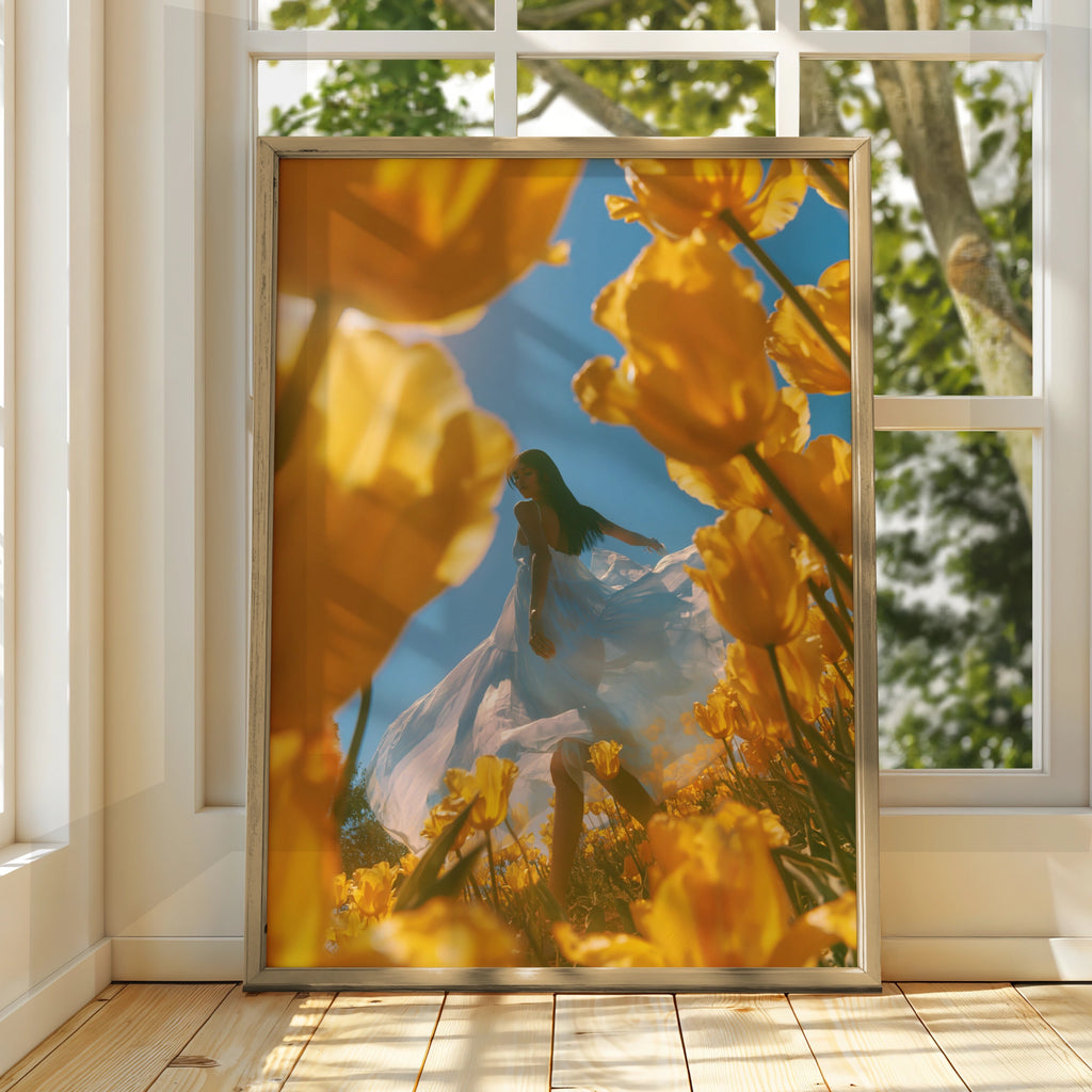 Woman in Yellow Tulip Field Poster, White Dress Floral Wall Art, Spring