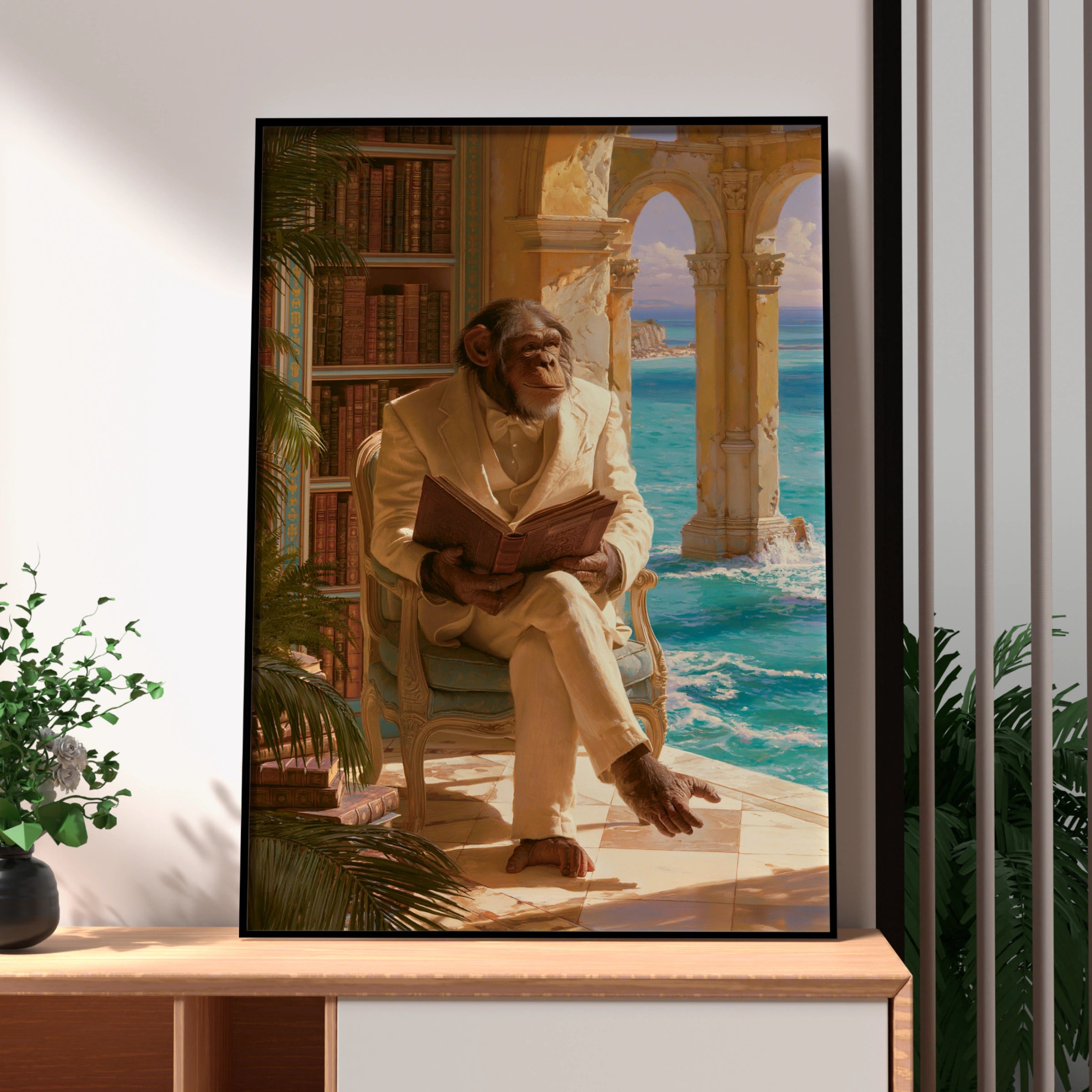 Chimpanzee Reading Book Poster, Monkey in Suit Art Print, Classical Style