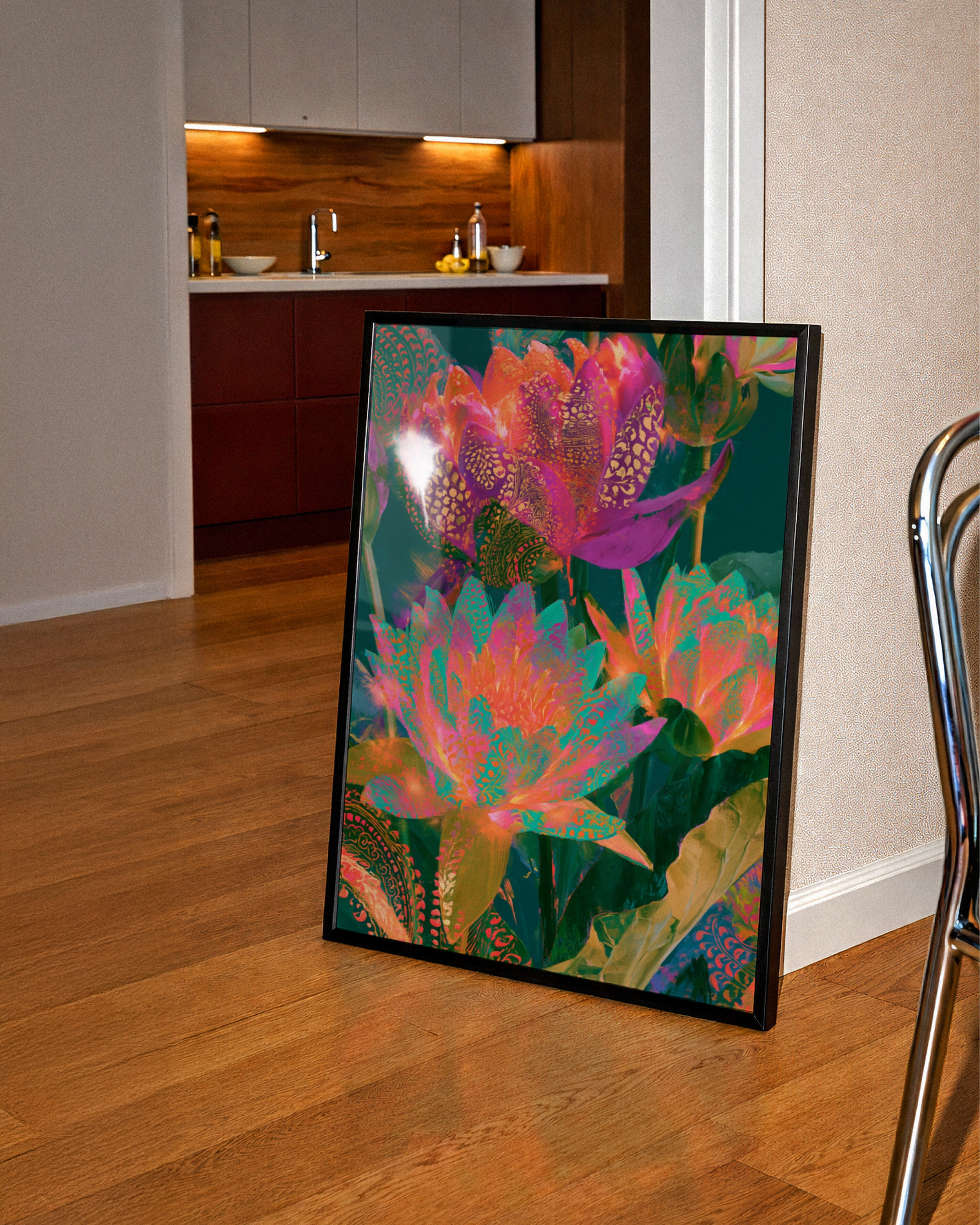 Abstract Glowing Lotus Flowers Poster, Vibrant Botanical Wall Art Print