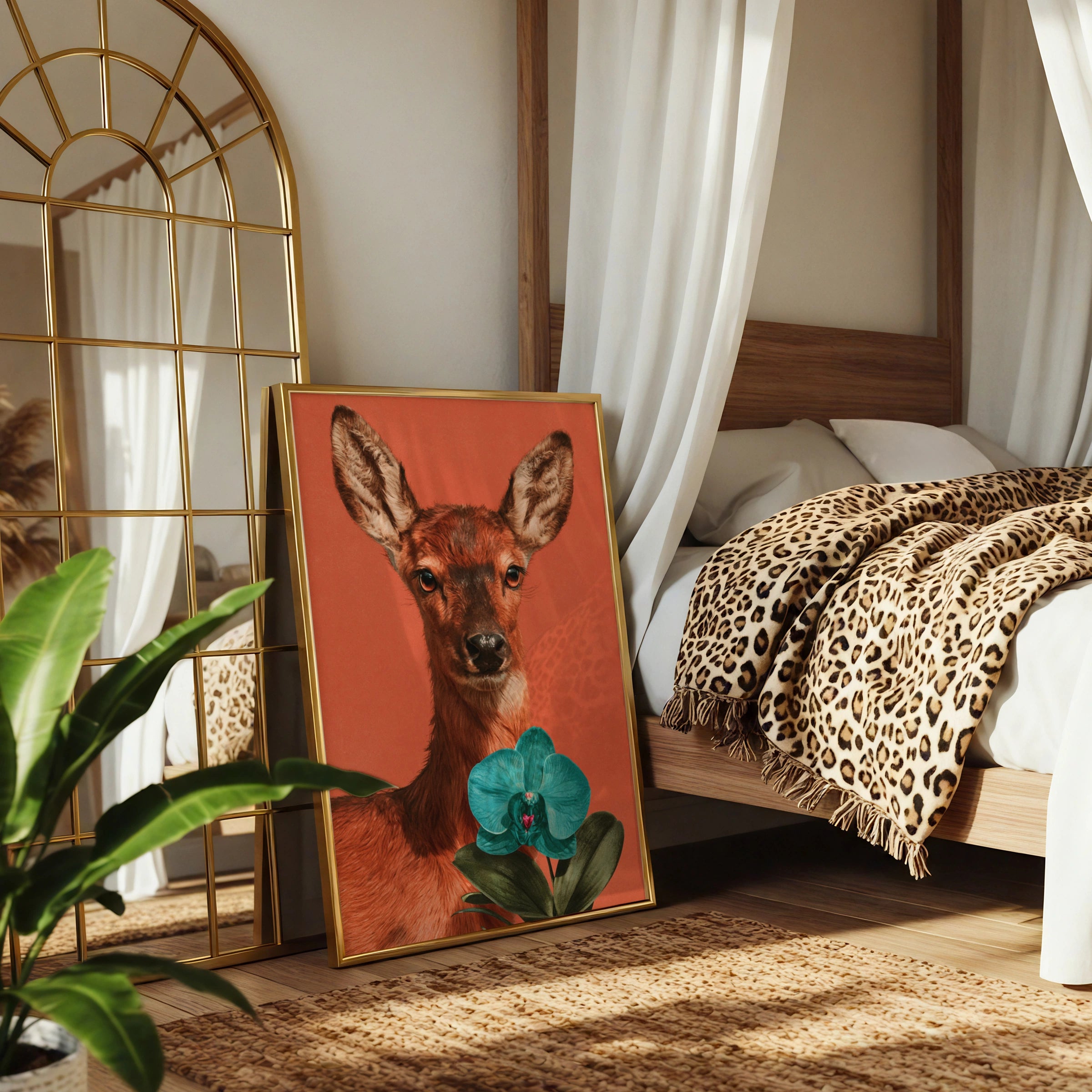 Deer with Orchid Flower Poster, Bold Orange Wildlife Wall Art Print