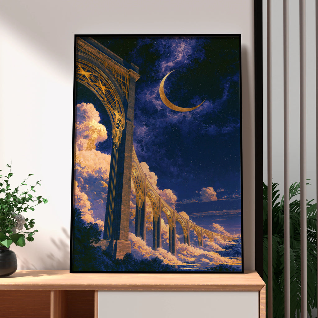 Cosmic Viaduct Night Sky Poster, Art Deco Arch Bridge, Crescent Moon Print