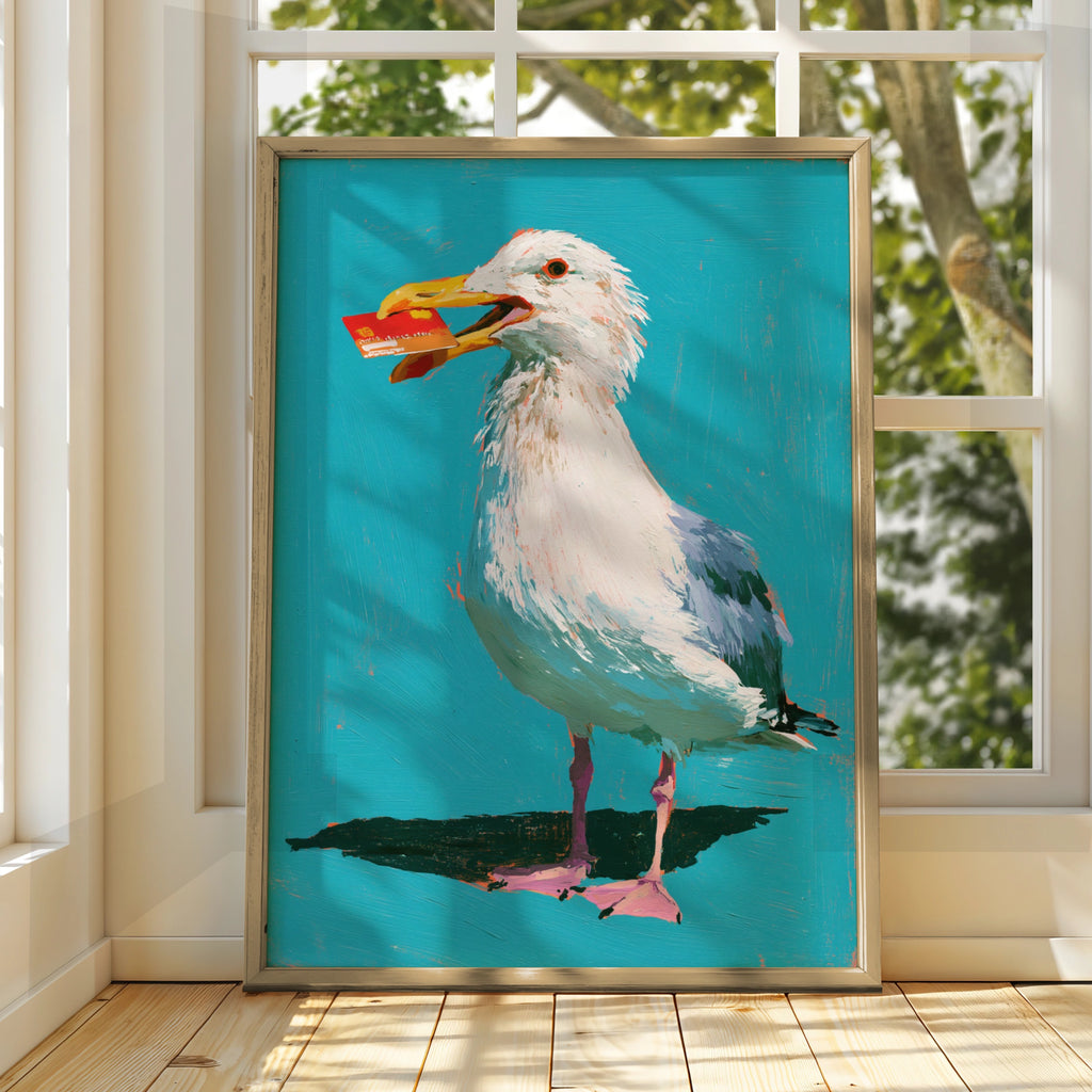 Seagull Stealing Credit Card Poster, Funny Coastal Bird Art Print, Teal