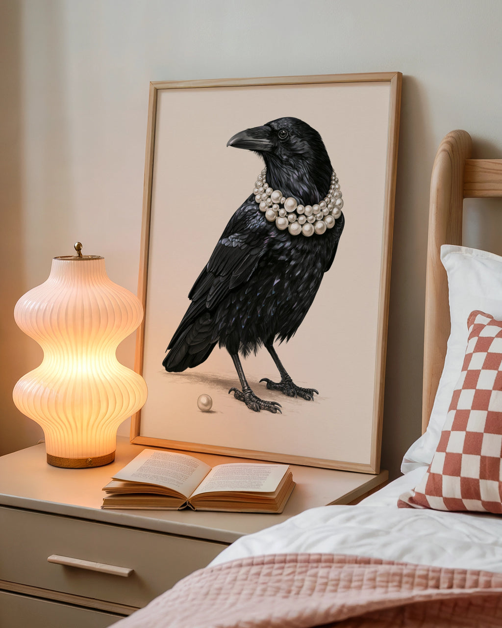 Raven with Pearl Necklace Poster, Black Crow Art Print, Whimsical Bird Wall Art