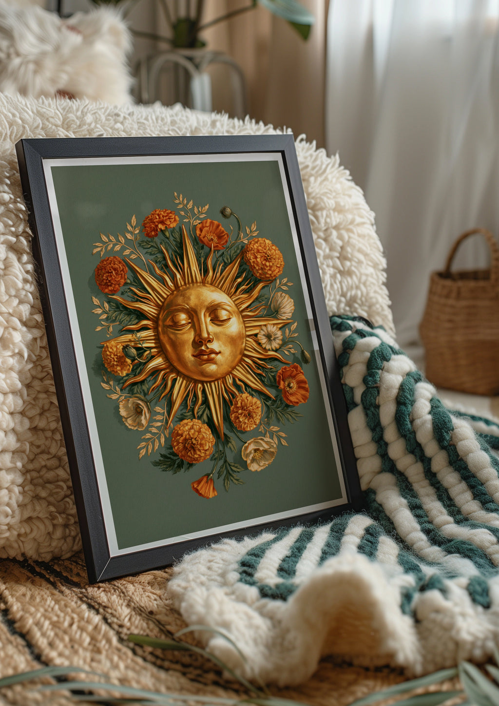 Golden Sun Face Floral Poster, Marigold Botanical Wall Art, Celestial Print