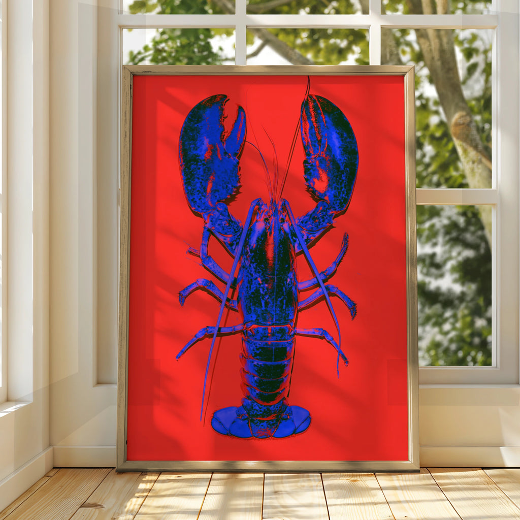 Blue Lobster Pop Art Poster, Bold Red Background, Graphic Animal Print