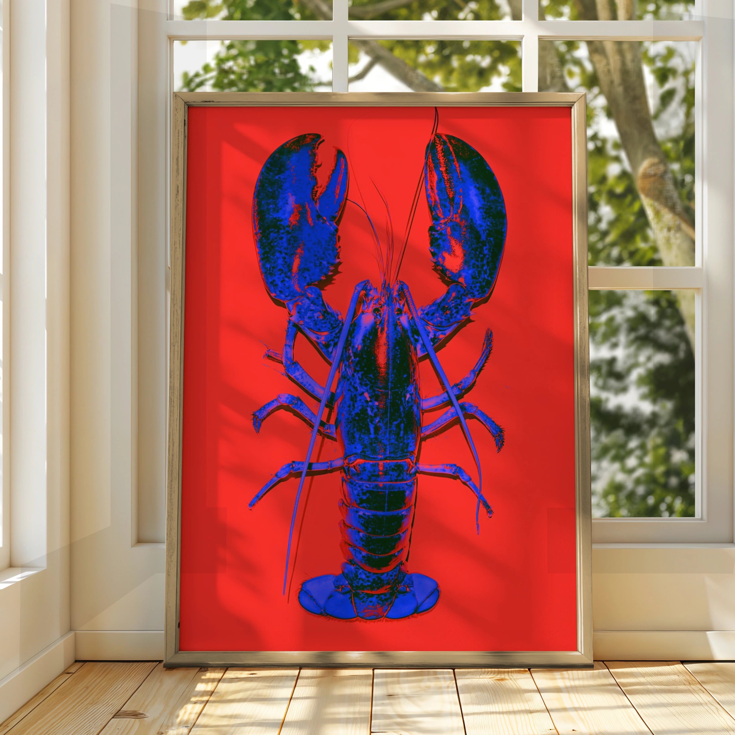 Blue Lobster Pop Art Poster, Bold Red Background, Graphic Animal Print