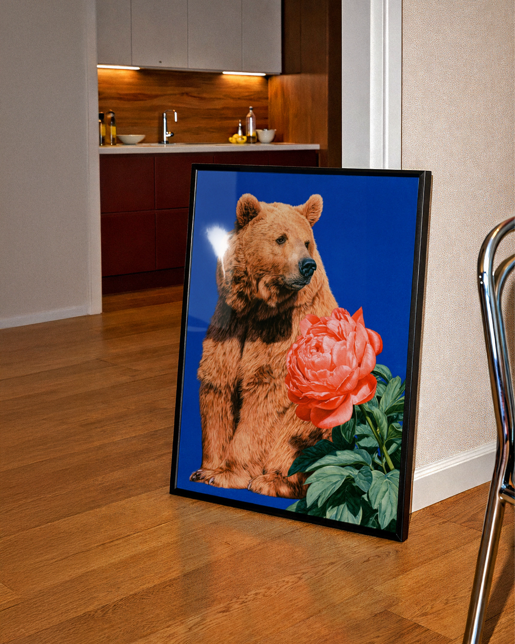 Bear with Pink Peony Flower Poster, Bold Blue Wildlife Floral Wall Art