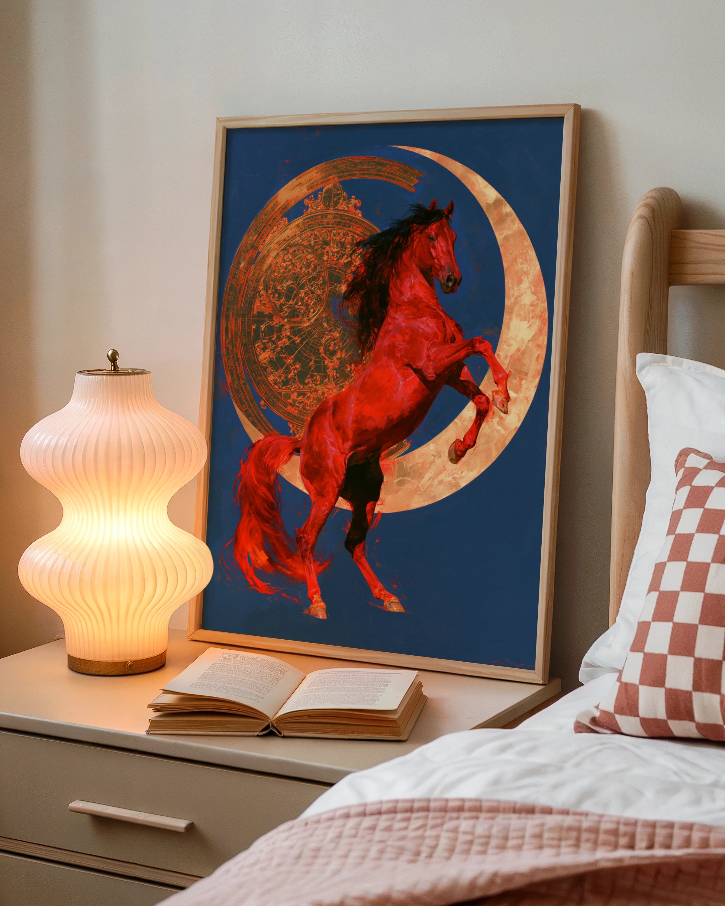 Rearing Red Horse Moon Poster, Celestial Equine Wall Art, Bold Dramatic Print
