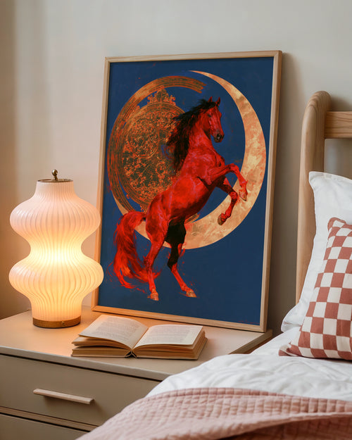 Rearing Red Horse Moon Poster, Celestial Equine Wall Art, Bold Dramatic Print