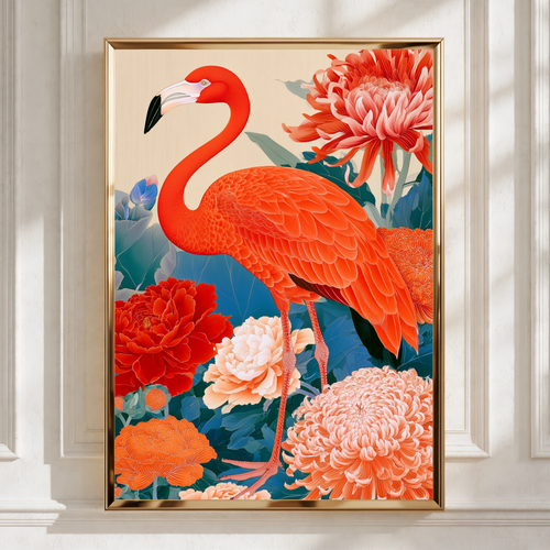 Flamingo Japanese Floral Poster, Botanical Bird Art Print, Ukiyo-e Style