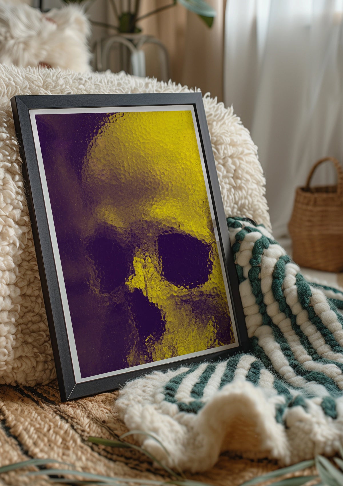 Yellow Glass Skull Poster, Dark Gothic Wall Art, Bold Modern Print