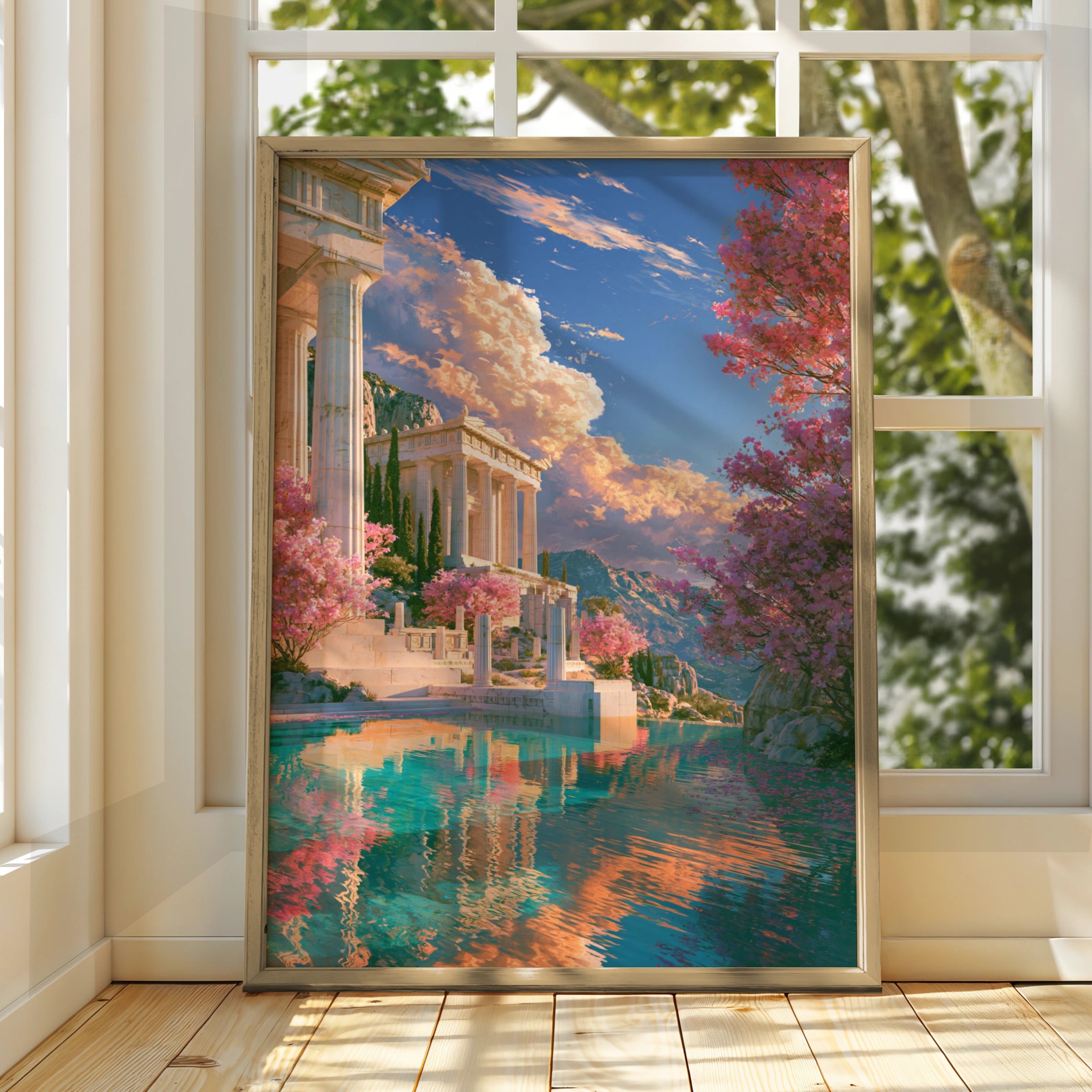 Greek Temple Acropolis Poster, Ancient Greece Wall Art, Colourful Fantasy Print