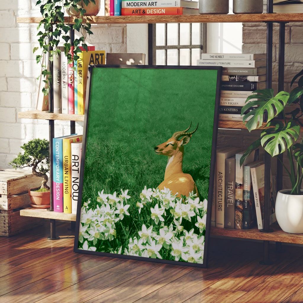 Antelope in Flowers Poster, Wildlife Botanical Wall Art, Green Nature Print
