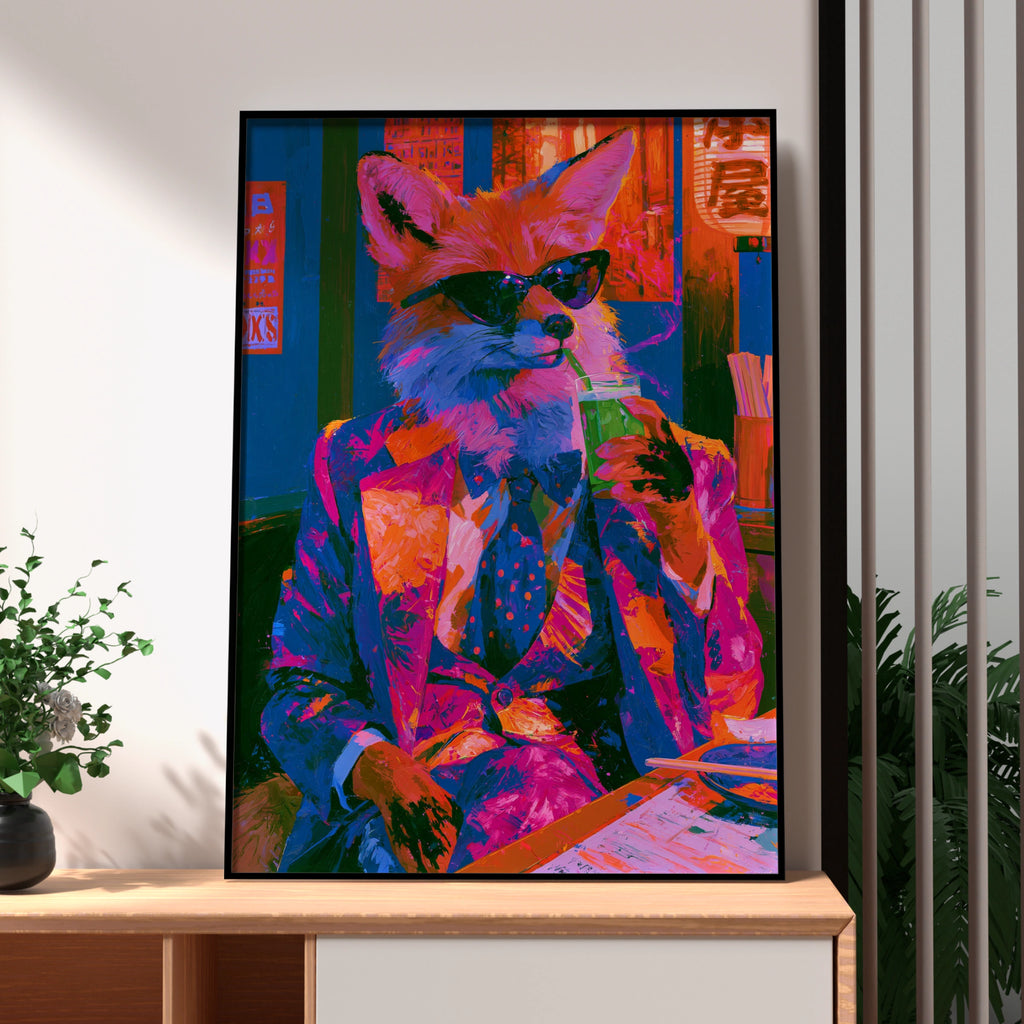 Cool Fox in Japanese Bar Poster, Neon Anthropomorphic Art Print, Bold Colours