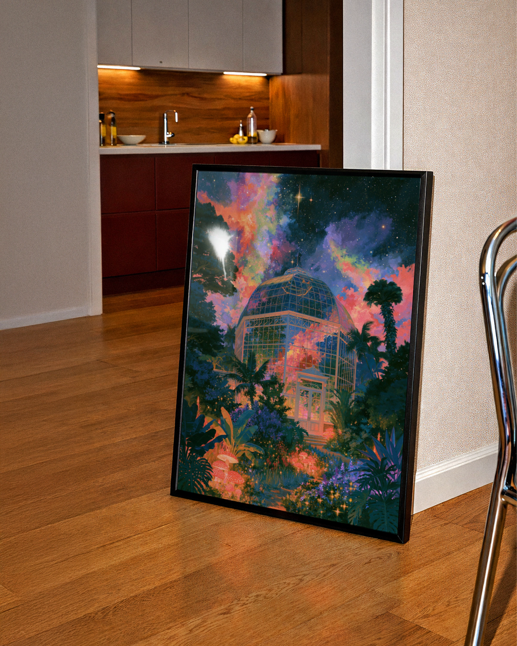 Surreal Glass Observatory Poster, Cosmic Night Sky, Botanical Art Print