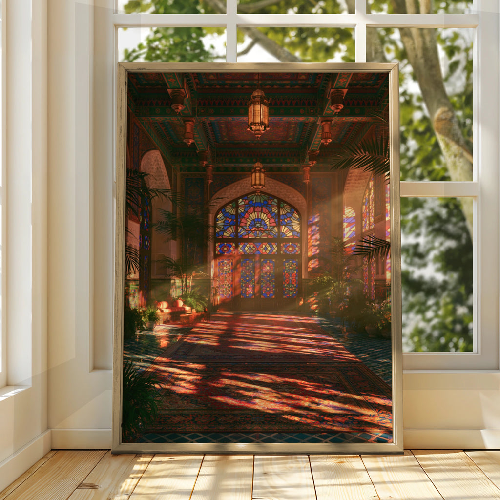 Stained Glass Hall Sunset Poster, Moorish Interior Art Print, Warm Golden Light