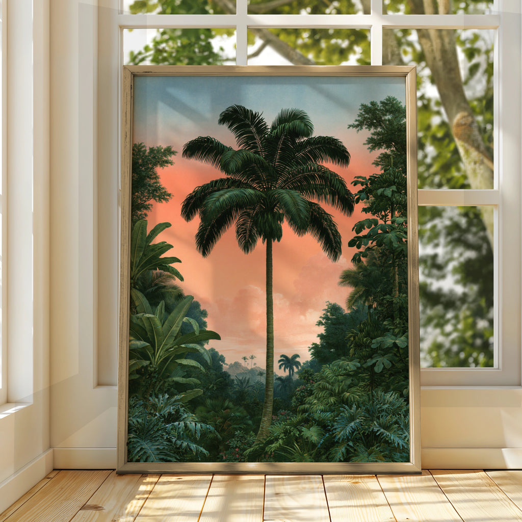 Palm Tree Sunset Poster, Tropical Jungle Wall Art, Vintage botanical Print