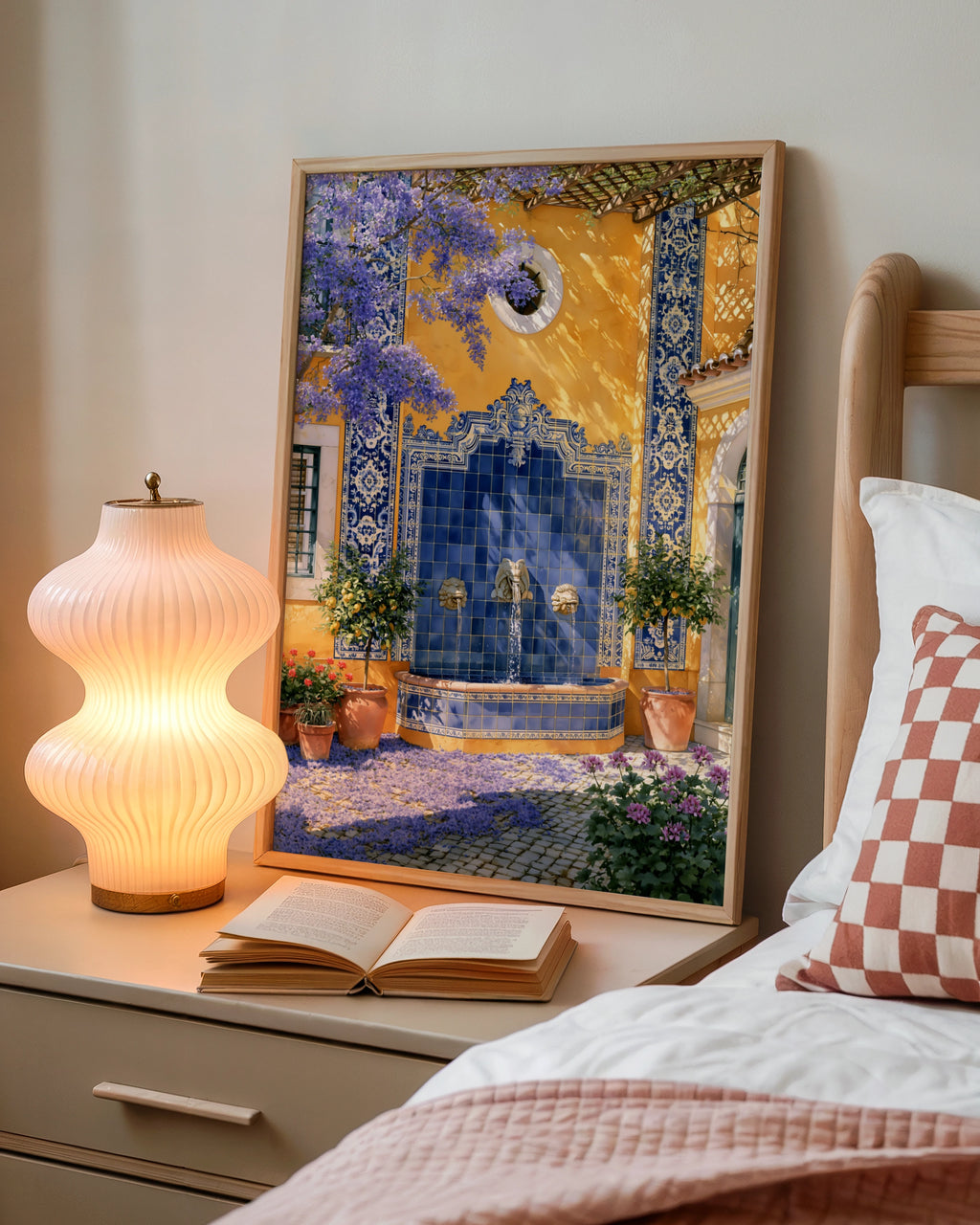 Portuguese Courtyard Fountain Wall Art Poster, Azulejo Tile Blue Yellow Print