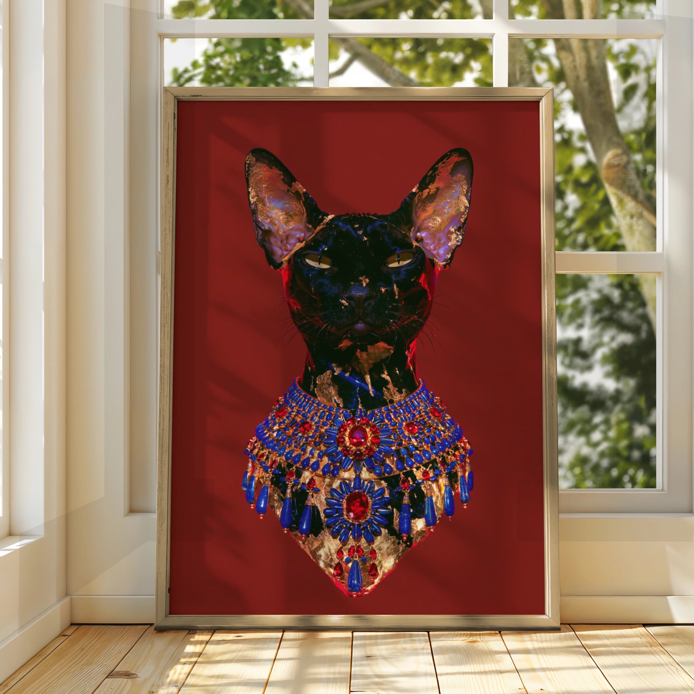 Bastet Egyptian Cat Goddess Poster, Dark Jewelled Art Print, Maximalist Wall Art