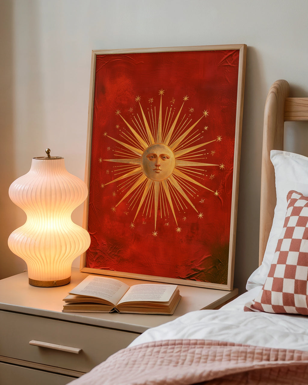Vintage Tarot Sun Face Poster, Gold Celestial Wall Art, Red Occult Print