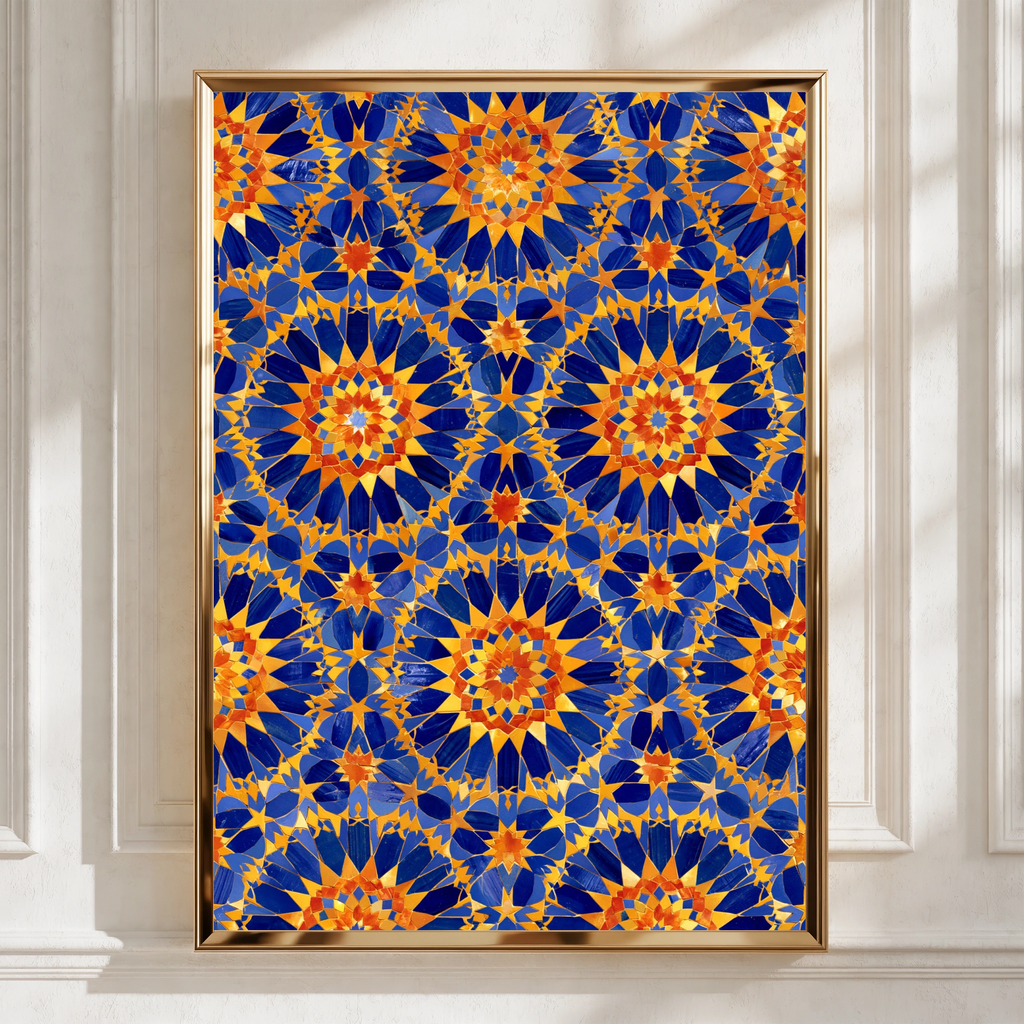 Moroccan Tile Pattern Poster, Blue Orange Geometric Wall Art Print