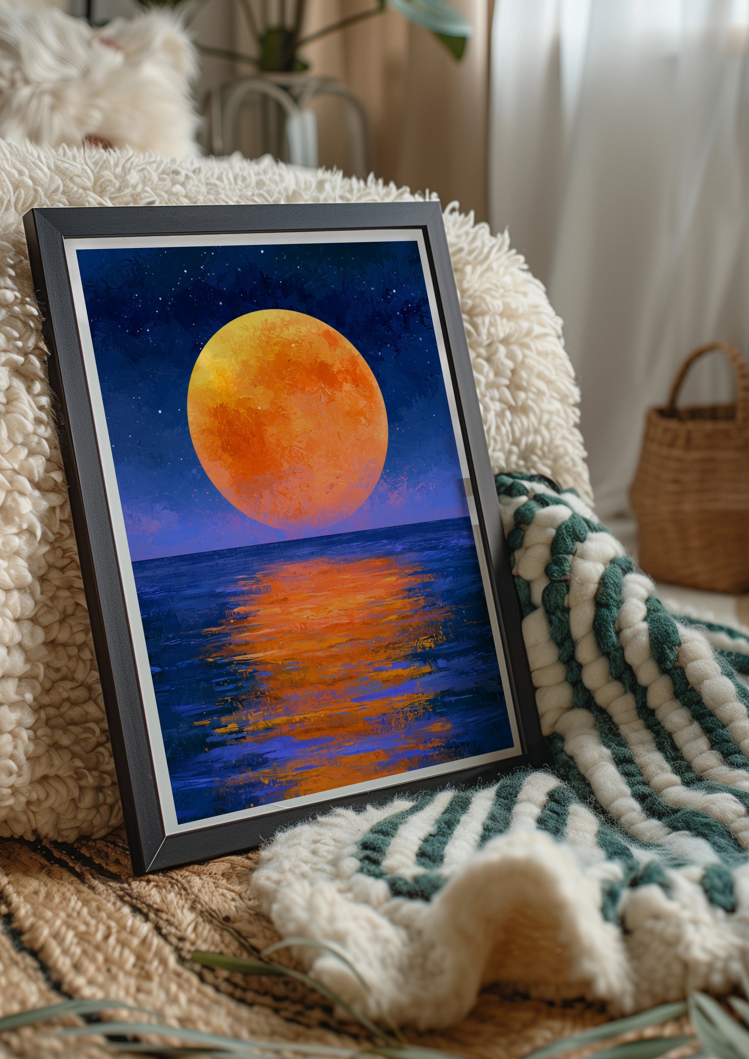 Orange Full Moon Over Ocean Wall Art Poster, Night Sky Print, Painterly Style