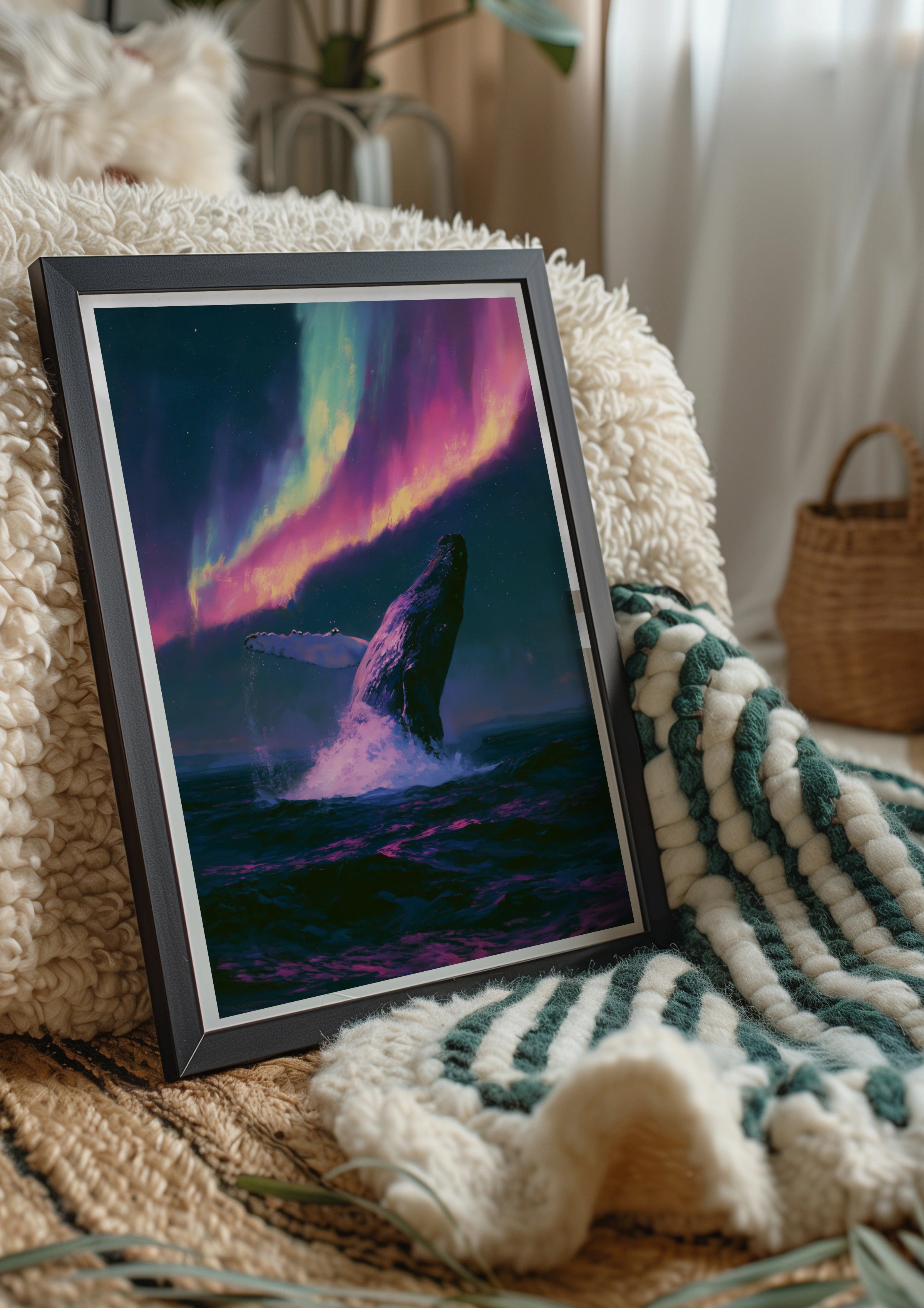 Whale Aurora Borealis Poster, Humpback Breaching Northern Lights Art Print