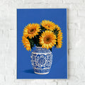Sunflowers in Porcelain Vase Poster, Blue White Chinoiserie Floral Wall Art
