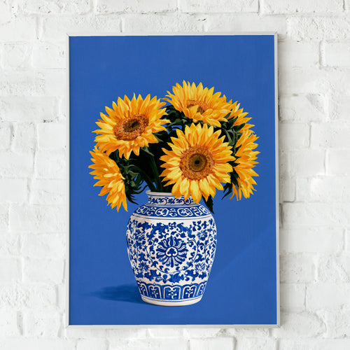 Sunflowers in Porcelain Vase Poster, Blue White Chinoiserie Floral Wall Art