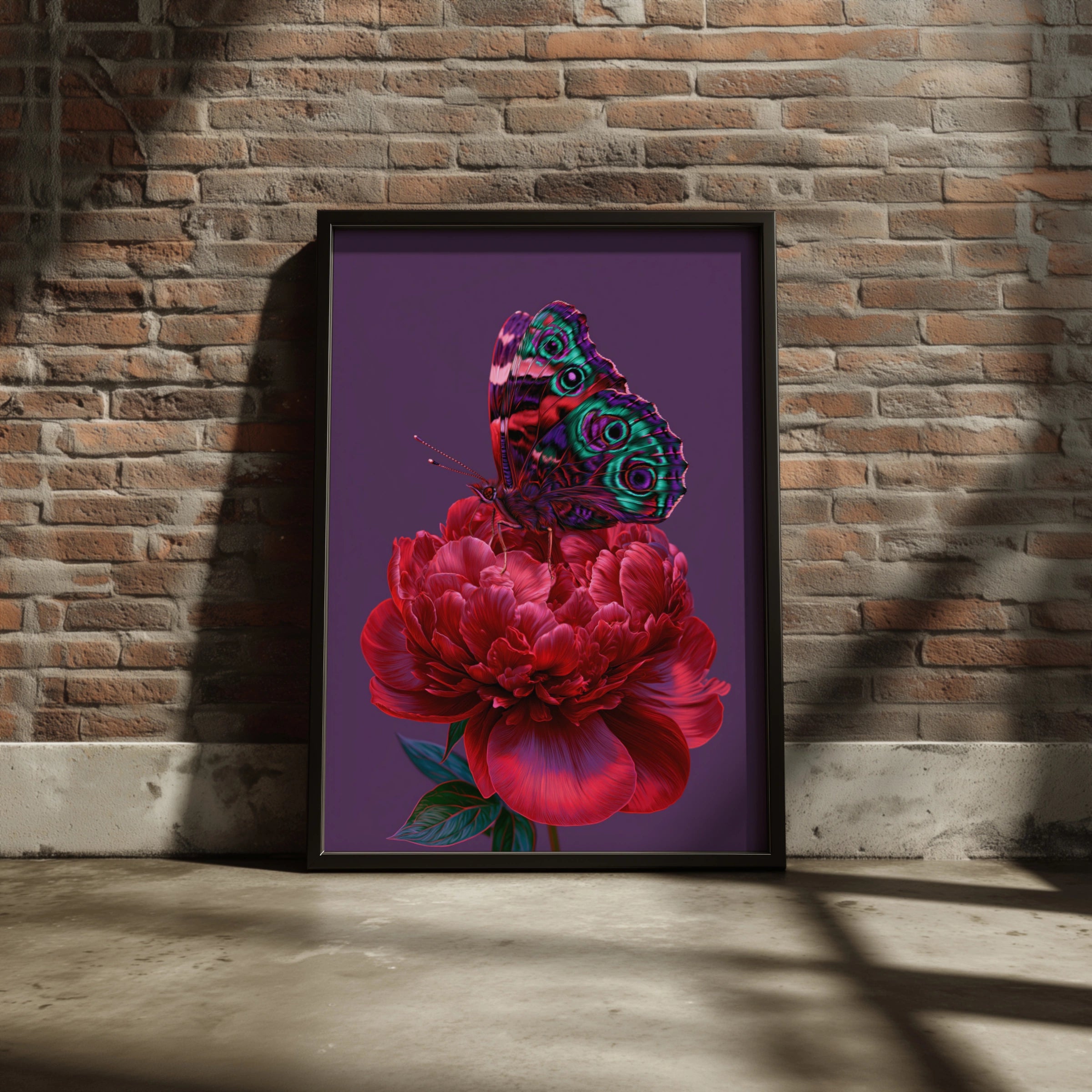 Butterfly on Red Peony Poster, Botanical Wall Art, Vibrant Purple Print