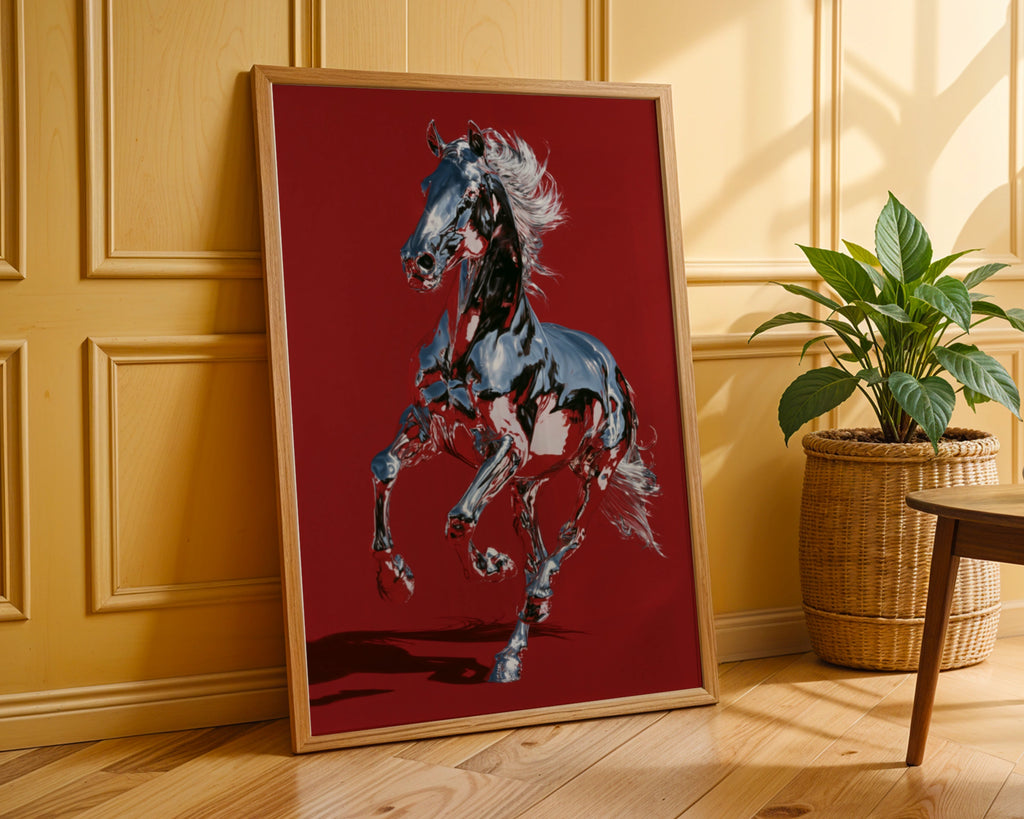 Chrome Horse Poster, Red Wall Art, Metallic Equine Print, Bold Modern Style
