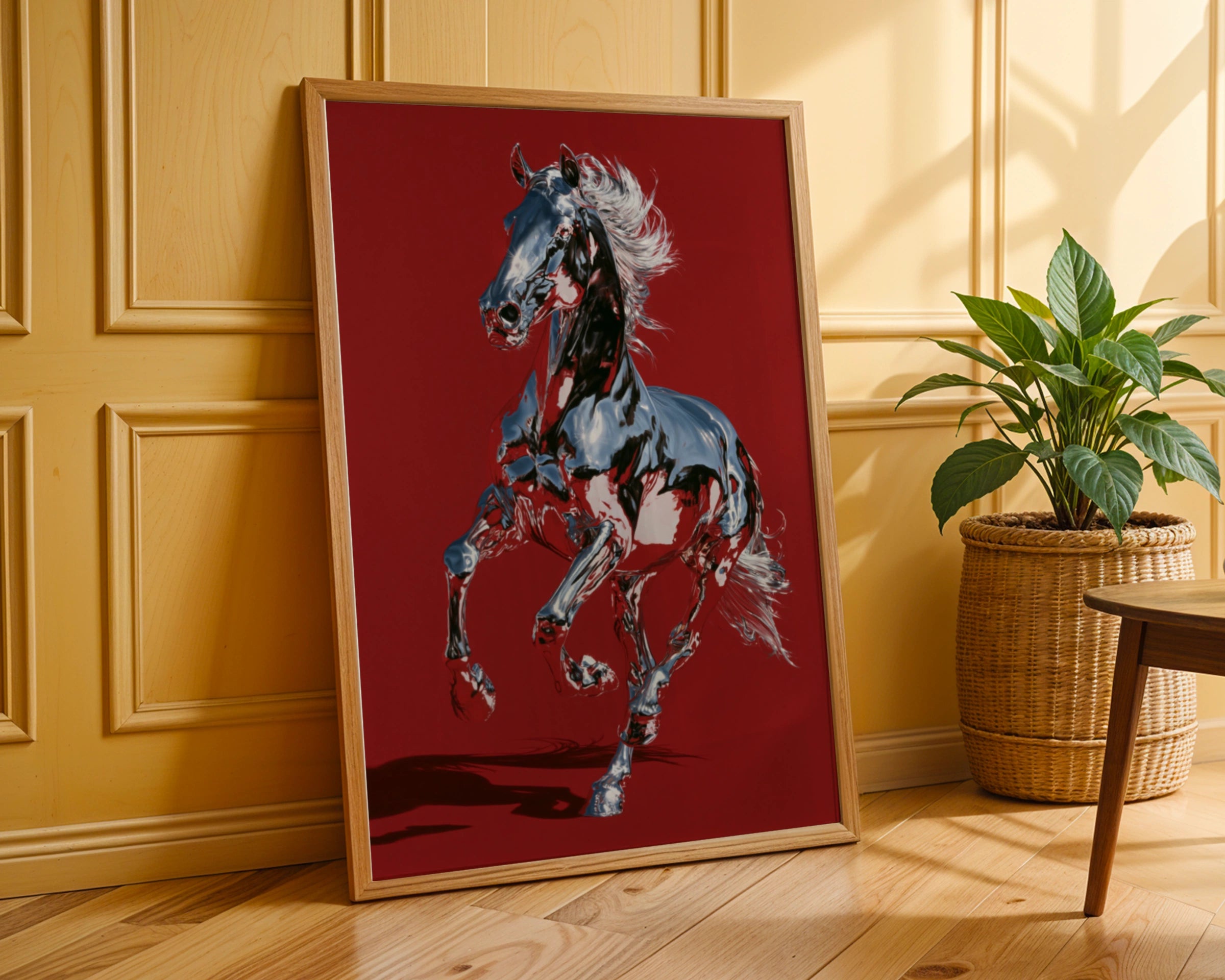 Chrome Horse Poster, Red Wall Art, Metallic Equine Print, Bold Modern Style