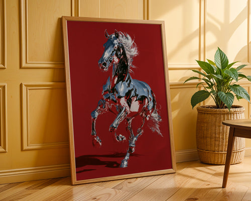 Chrome Horse Poster, Red Wall Art, Metallic Equine Print, Bold Modern Style