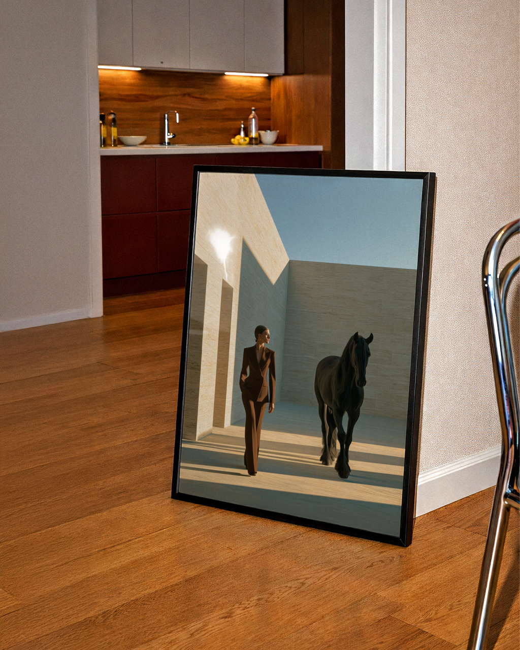 Woman Black Stallion Minimalist Poster, Elegant Horse Art Print, Modern Wall Art