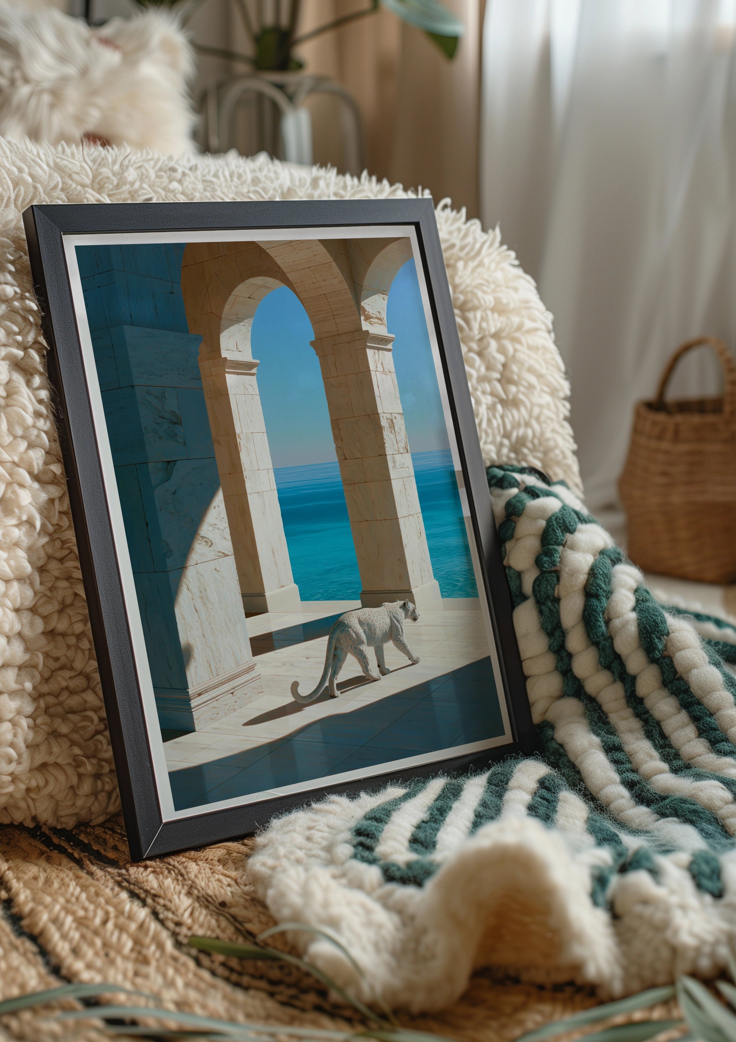 White Leopard Marble Arches Sea View Poster, Surreal Animal Art Print