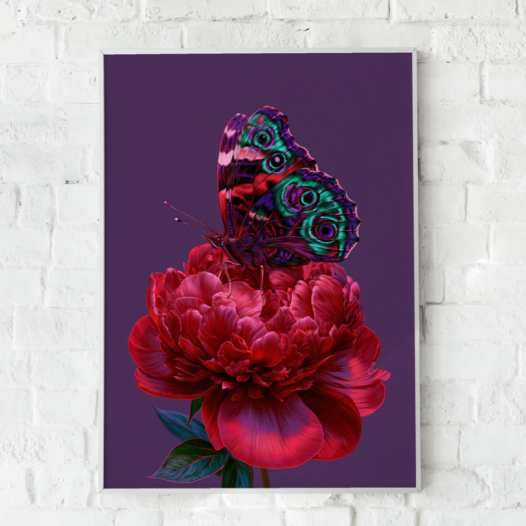 Butterfly on Red Peony Poster, Botanical Wall Art, Vibrant Purple Print