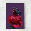 Butterfly on Red Peony Poster, Botanical Wall Art, Vibrant Purple Print