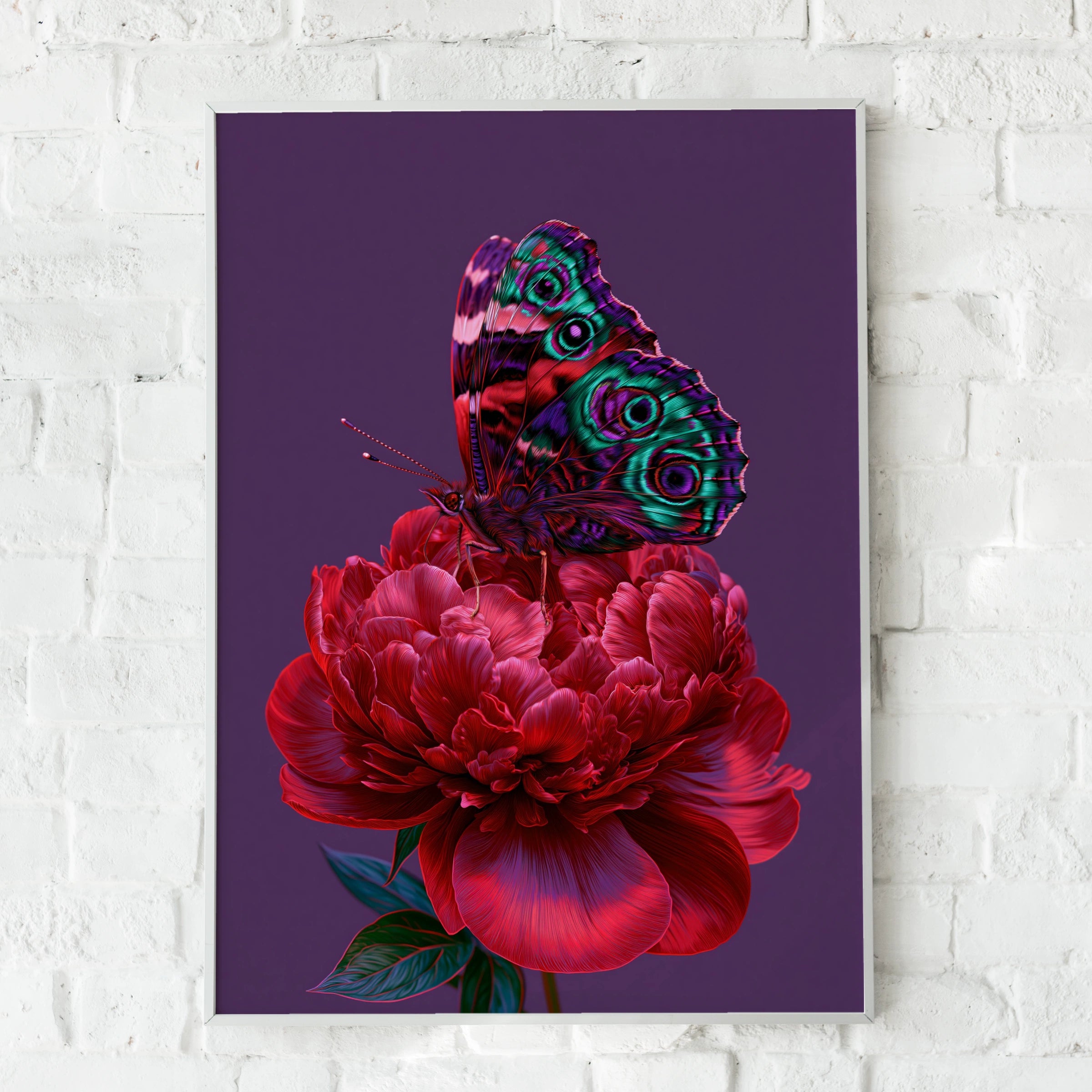 Butterfly on Red Peony Poster, Botanical Wall Art, Vibrant Purple Print