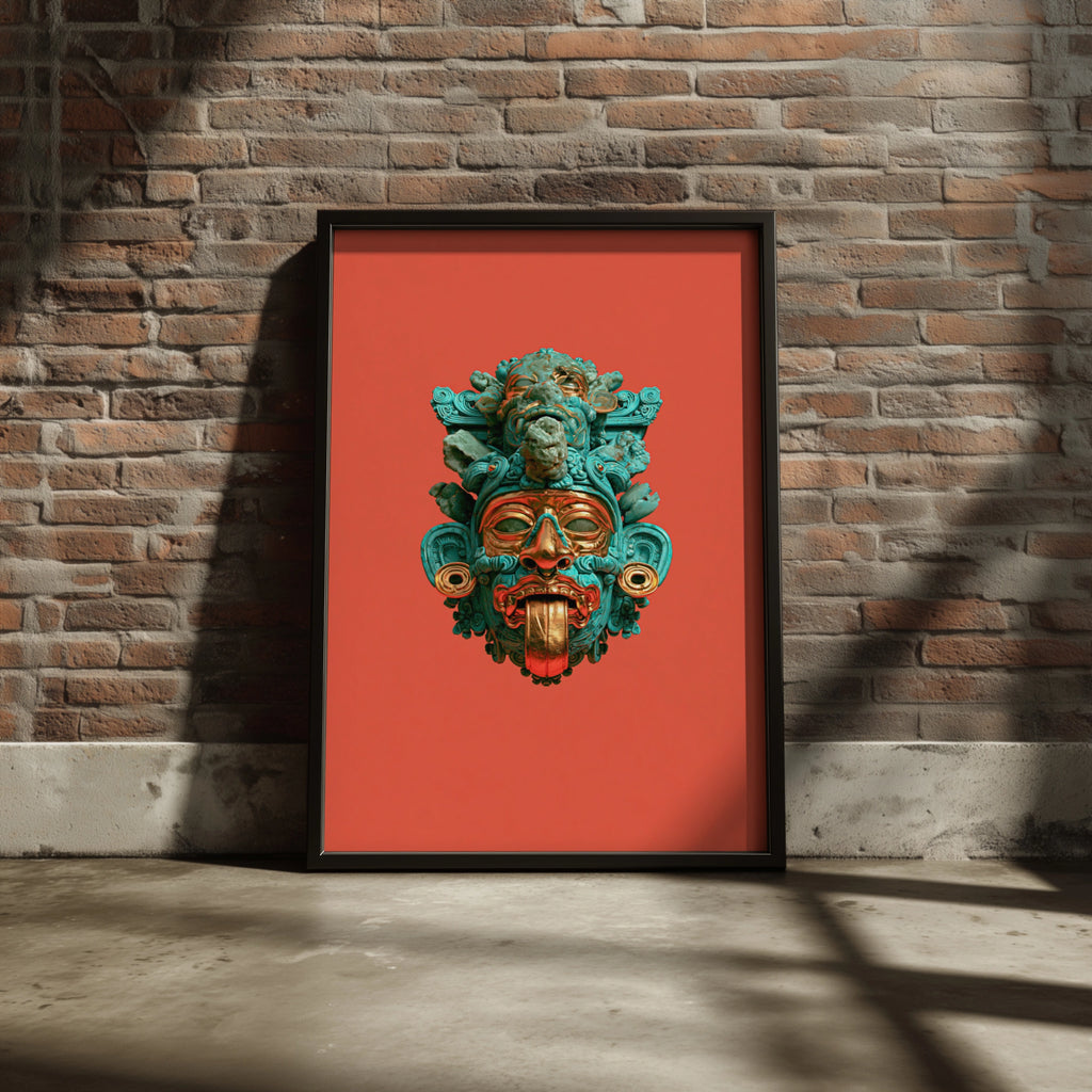 Aztec Mask Poster, Turquoise Red Gold Deity Art, Mesoamerican Wall Print