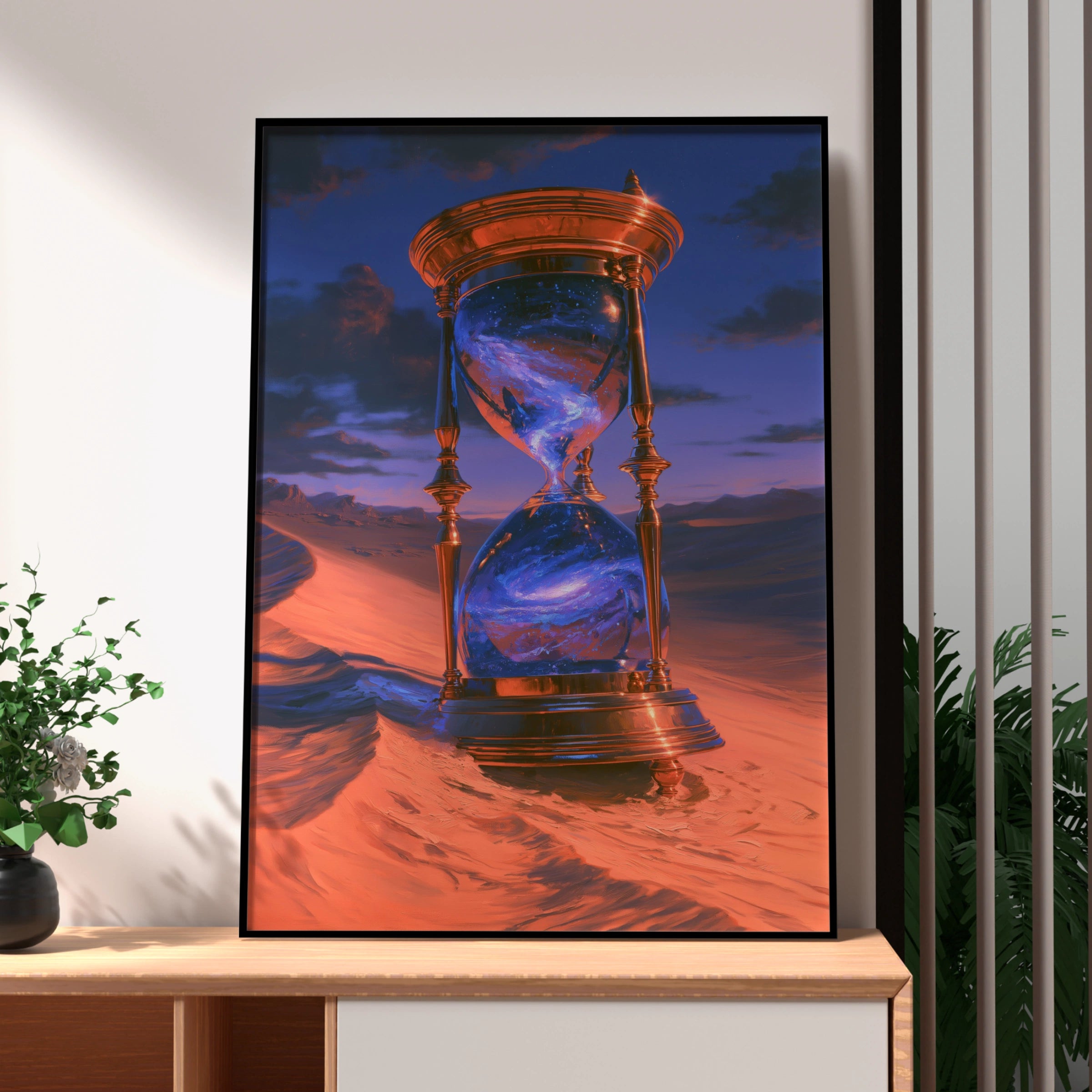 Hourglass Desert Galaxy Poster, Surreal Time Art, Cosmic Fantasy Print
