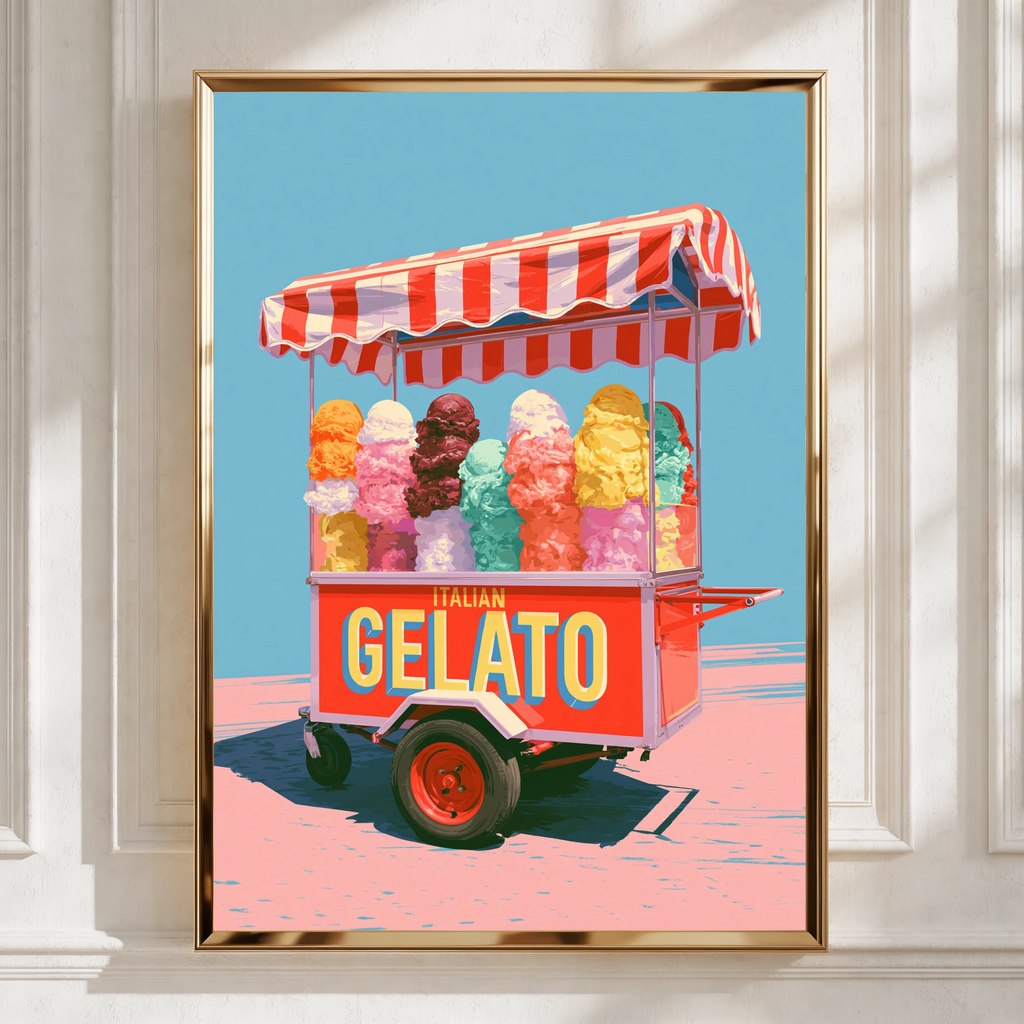 Italian Gelato Cart Poster, Retro Ice Cream Print, Colourful Kitchen Wall Art