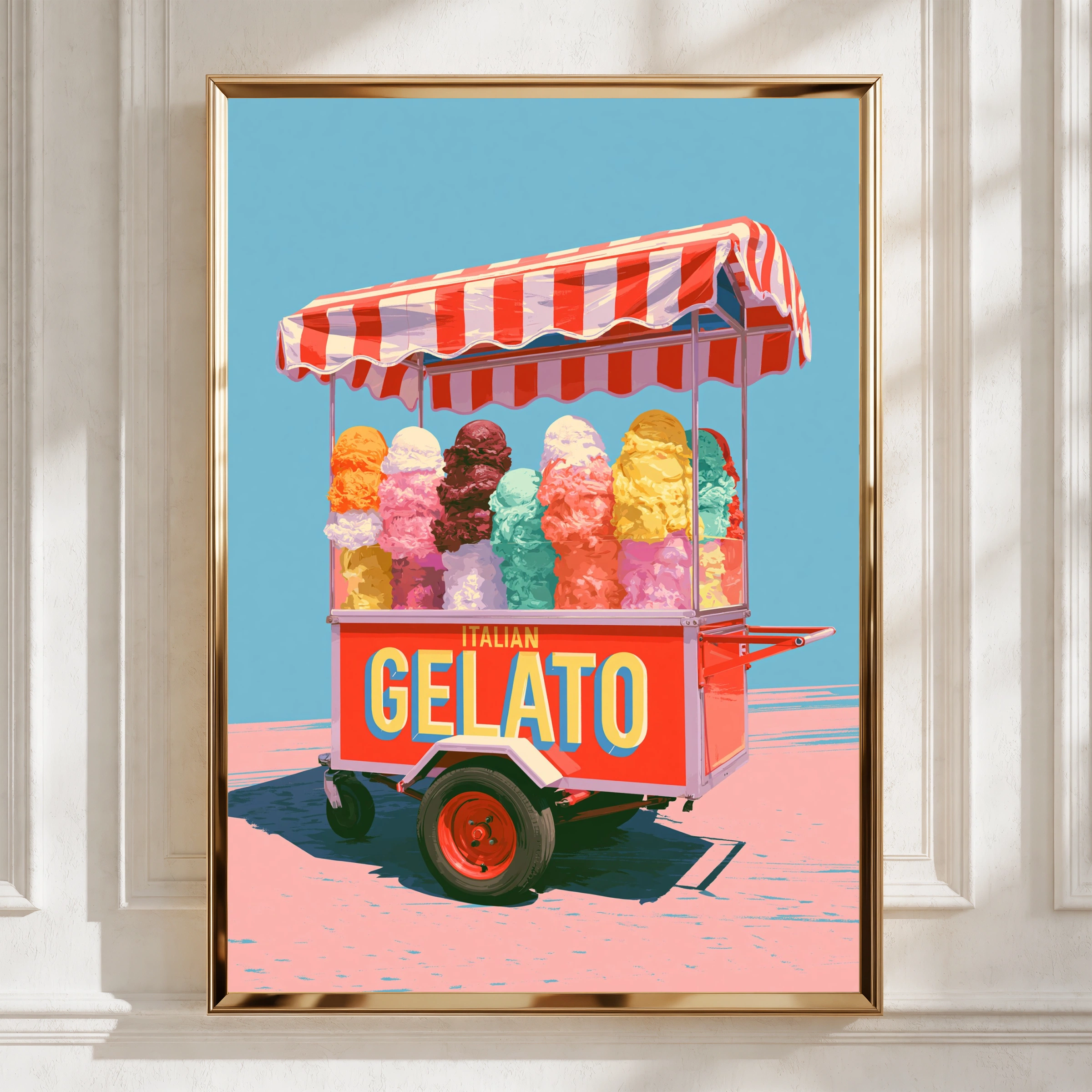 Italian Gelato Cart Poster, Retro Ice Cream Print, Colourful Kitchen Wall Art