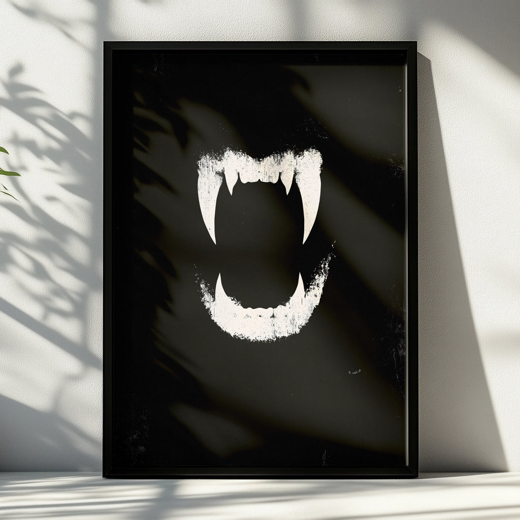 Vampire Fangs Poster, Dark Gothic Wall Art, Black White Grunge Print