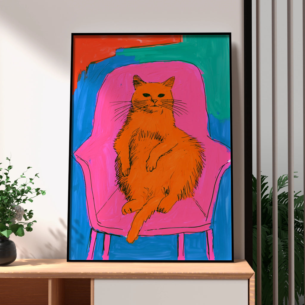 Fat Bored Cat on Armchair Poster, Bold Colourful Pop Art Print